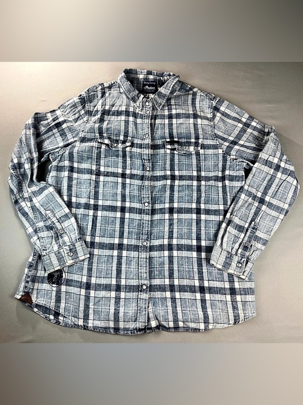 Indian Motorcycle Men's Plaid Cotton Shirt Size Large Western Cowboy Blue White
